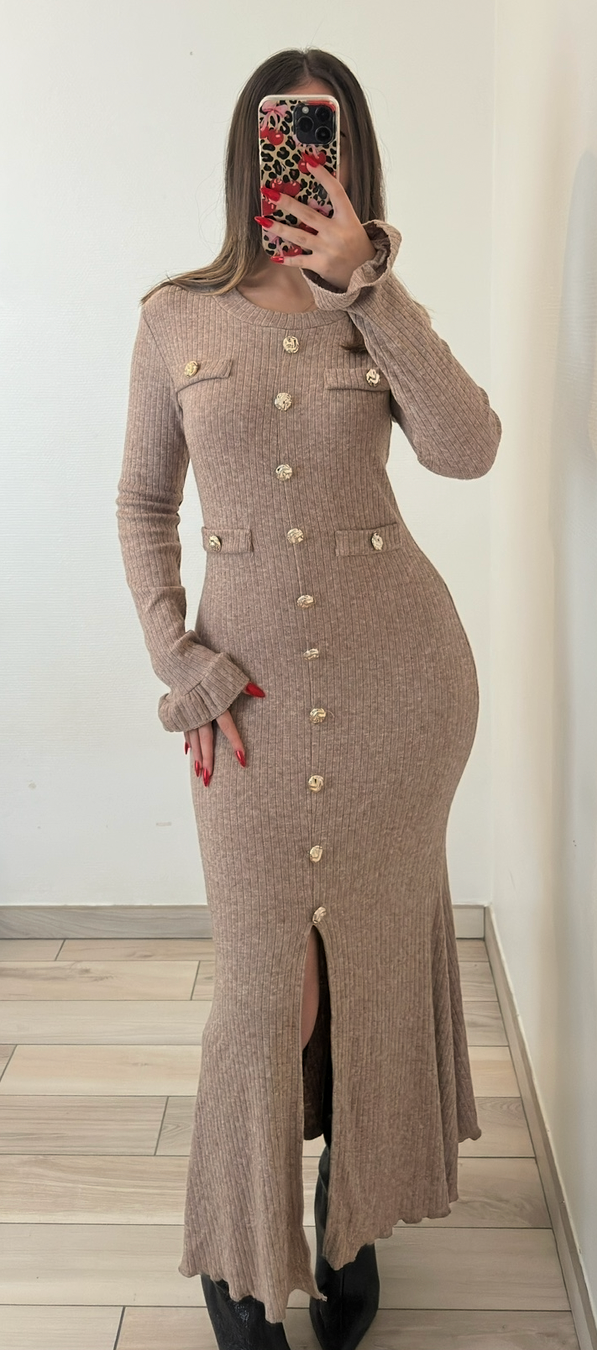 Robe longue à boutons avec fente élégante - taupe