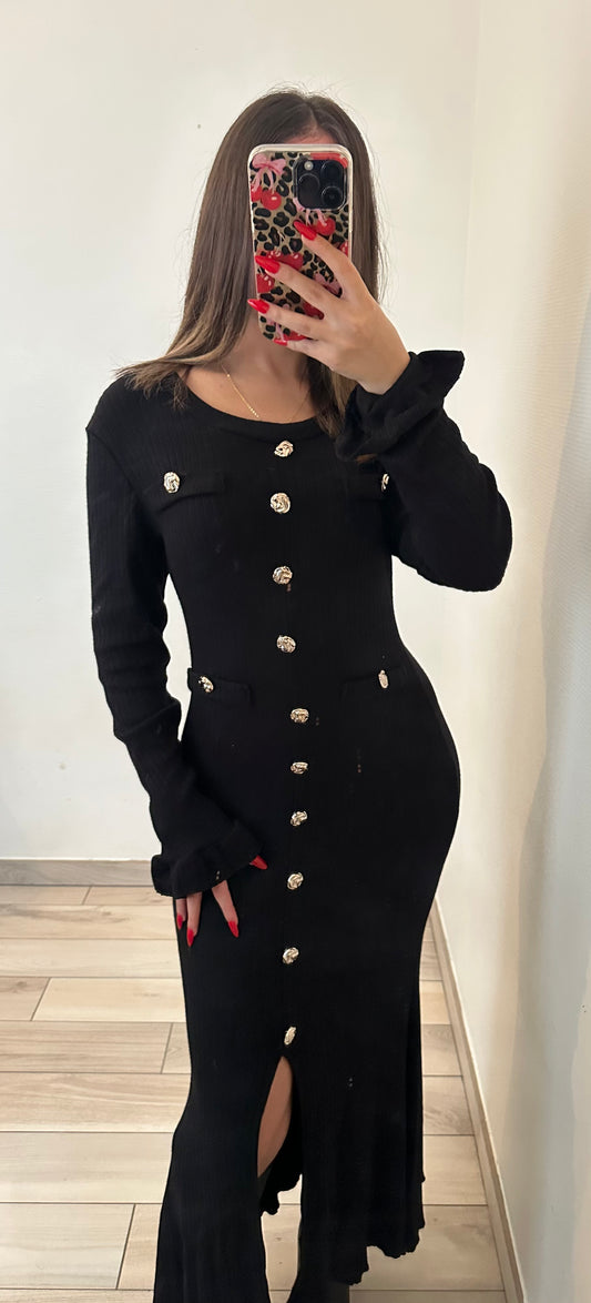 Robe longue à boutons avec fente élégante - noir