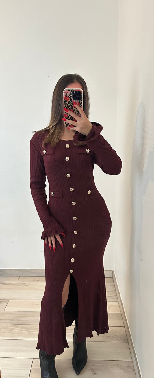 Robe longue à boutons avec fente élégante - bordeau