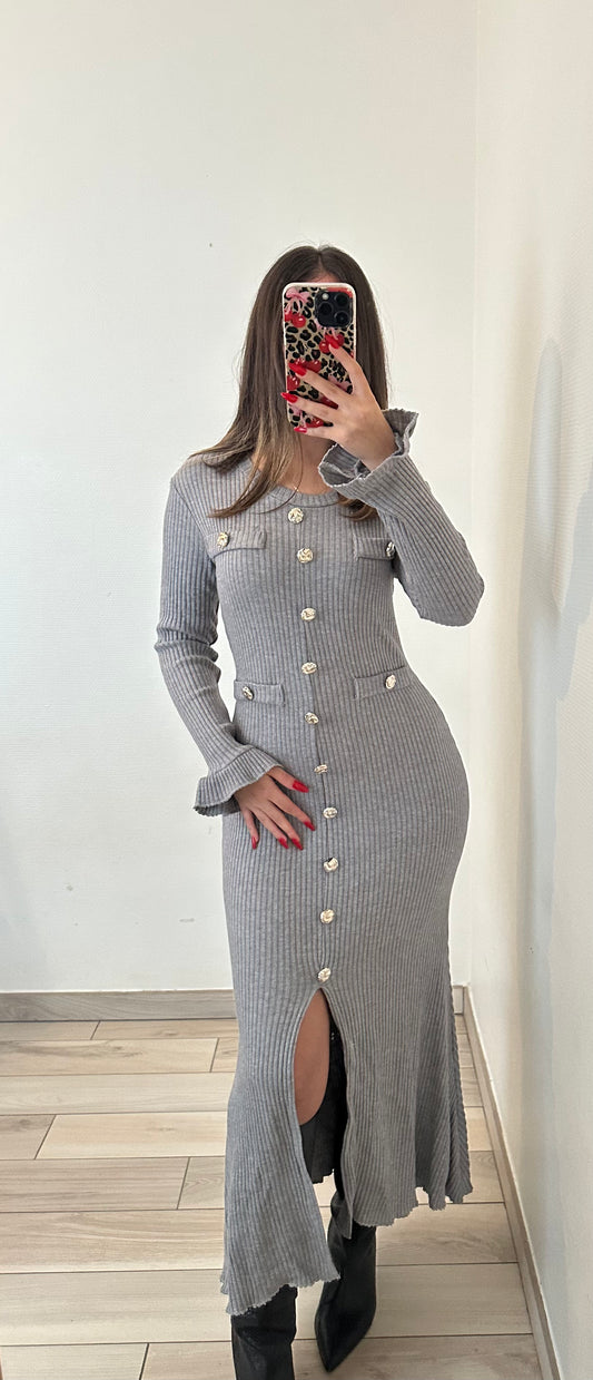 Robe longue à boutons avec fente élégante - grise